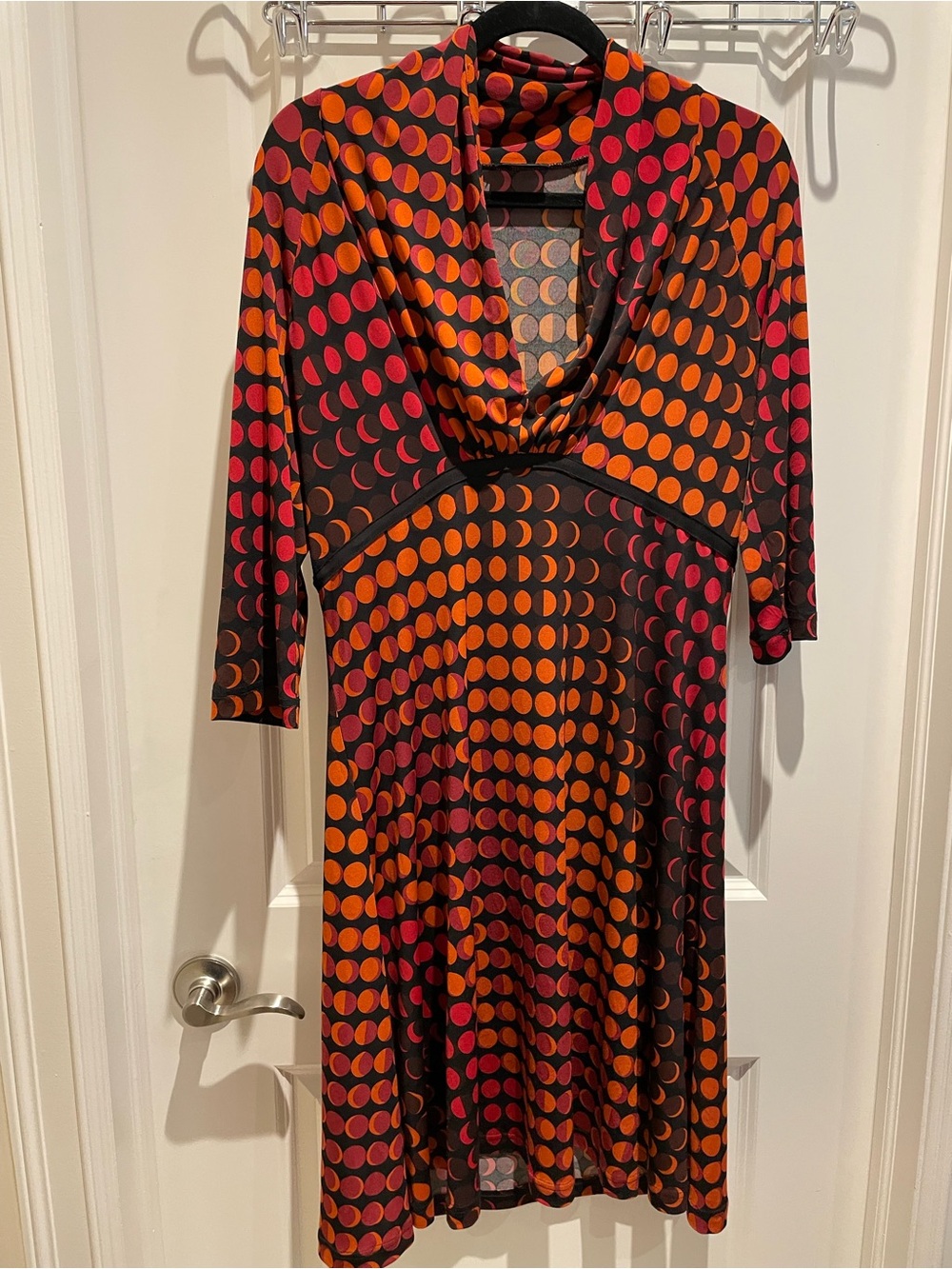 Cowl Neck Midi Dress in Black with Orange and Pink Polka Dots